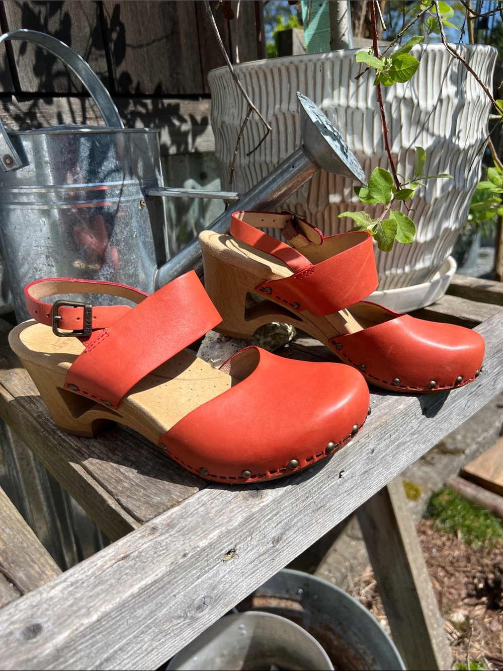 Dansko Red Leather Open-Back Mules with Ankle Strap